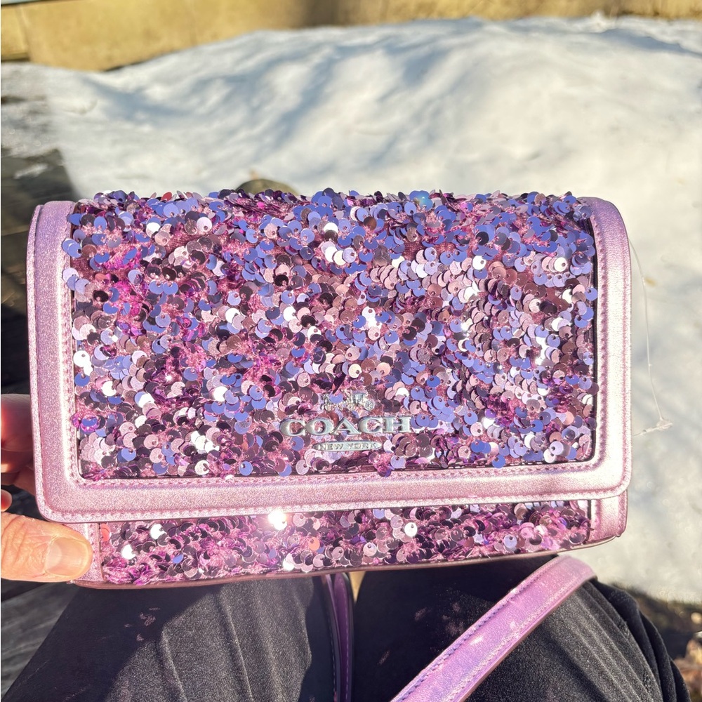 Coach sequined purple/lilac Flap Clutch Crossbody. NWT